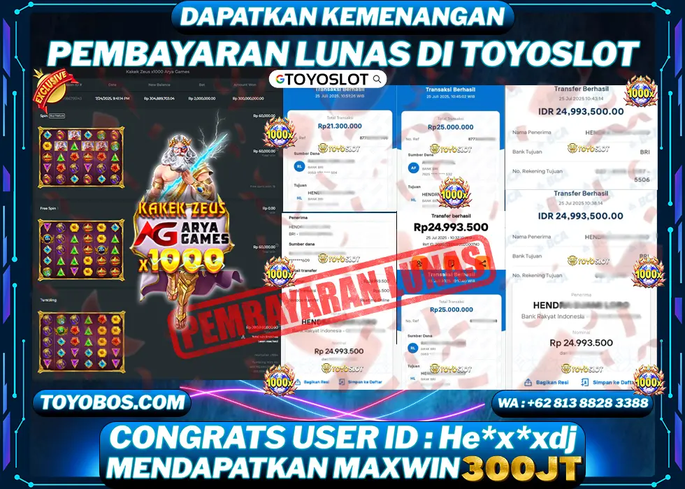 TOYOSLOT - BUKTI KEMENANGAN KAKEK ZEUS x1000 ARYA GAMES Rp300,000,000,- LUNAS